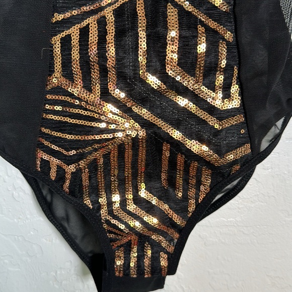 Glamorous Rose Gold Sequin Panels on Black Bodysuit size Small Black Fuschia 268 - Picture 7 of 9